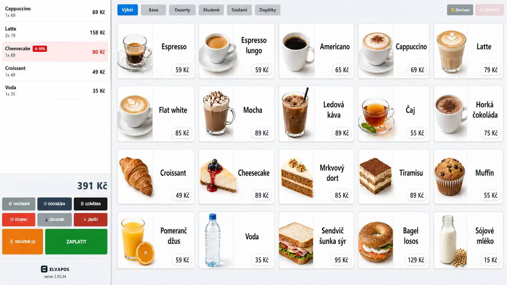 Pokladna ELVAPOS v kavárně – espresso, latte, dezerty