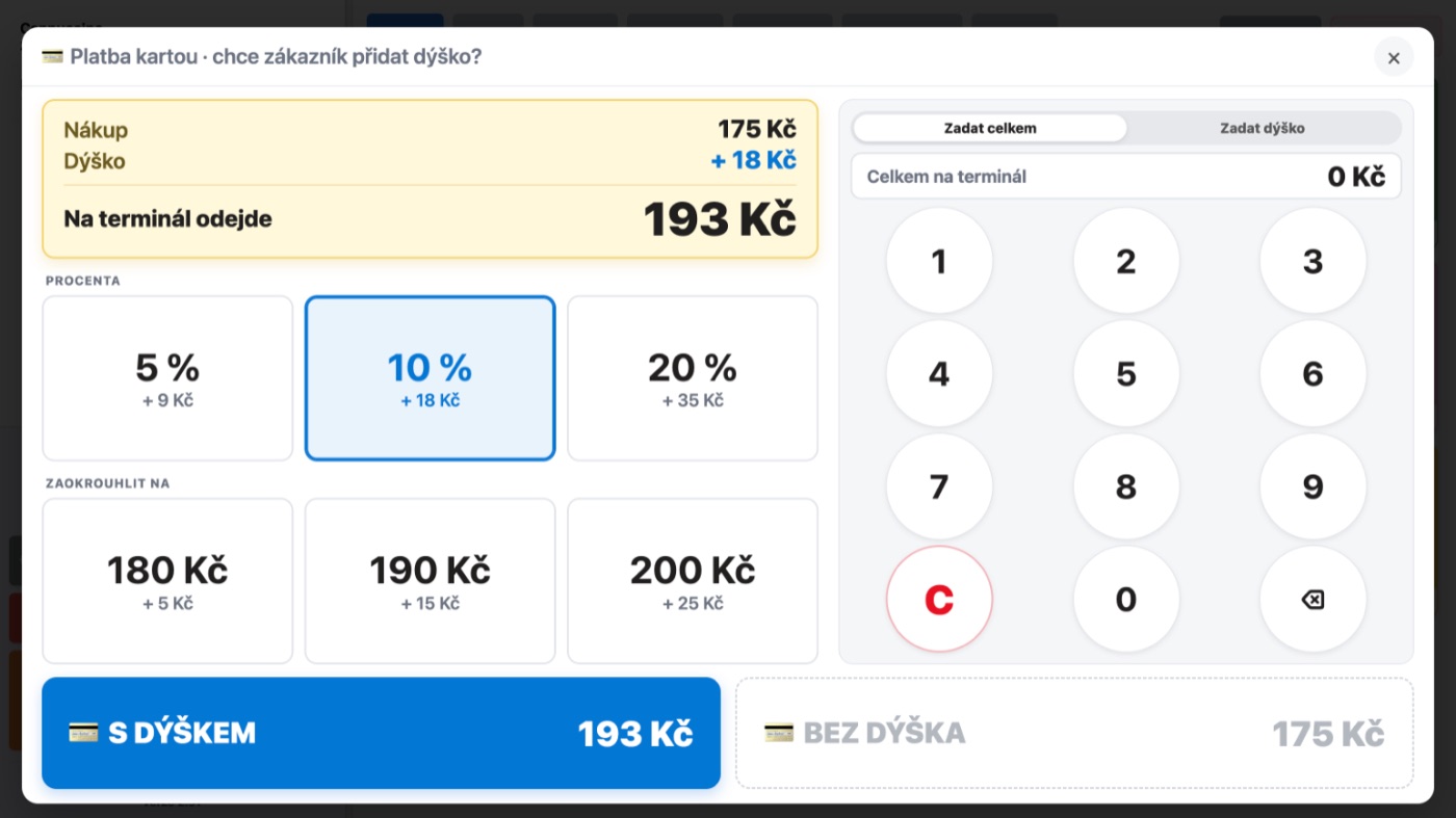 Okno dýška při platbě kartou